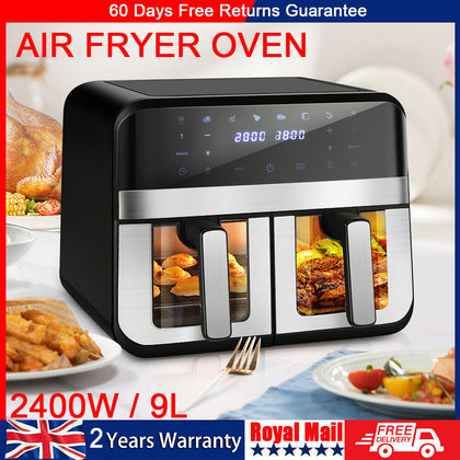 8-in-1 Air Fryer Double Digital Display Rapid Healthy Cooker Dual Basket 9L XXL