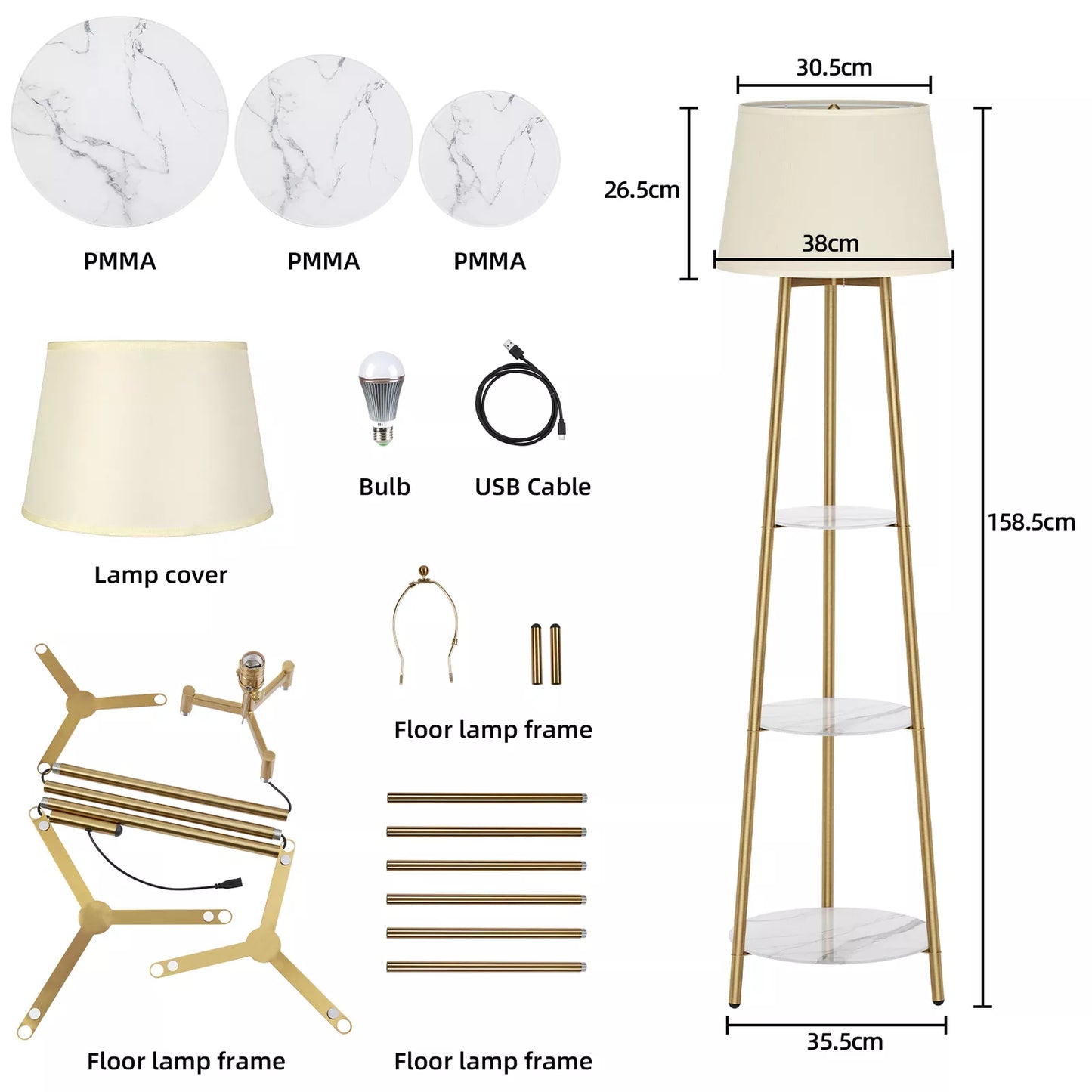 3-Tier Shelf Floor Lamp w/Shade Standing Light Open Shelves Storage Living Room