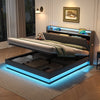 Upholstered Ottoman Bed, 5ft King Bed Frame with Storage, LED, USB Linen Grey