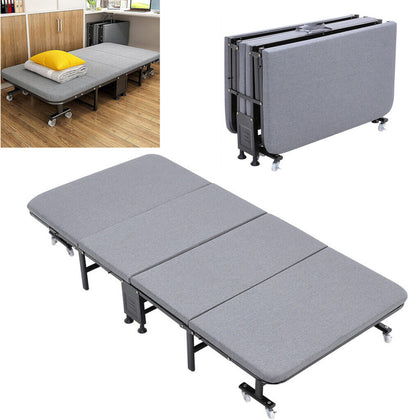 190cm Folding Single Bed with Mattress Portable Guest Bed Steel Frame on Wheel