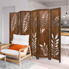 6-Panel Room Divider Privacy Screen with Carved Leaf Pattern-Brown