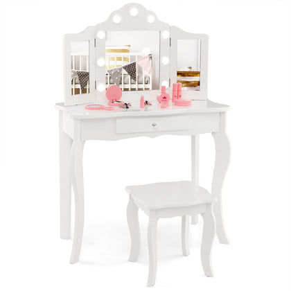 2 in 1 Kids Vanity Table and Stool Set Makeup Dressing Table LED Lighted Mirror