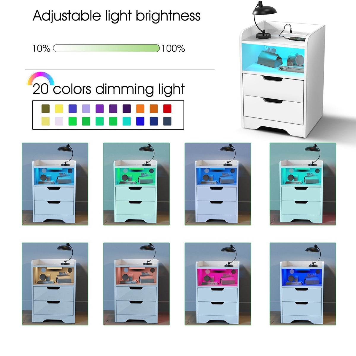 Nightstand White RGB Cabinet LED Modern Bedside Drawers Matte Table UK ...