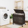 110L Laundry Basket 2-Section Rattan Laundry Hamper W/ Removable Liner Bag & Lid