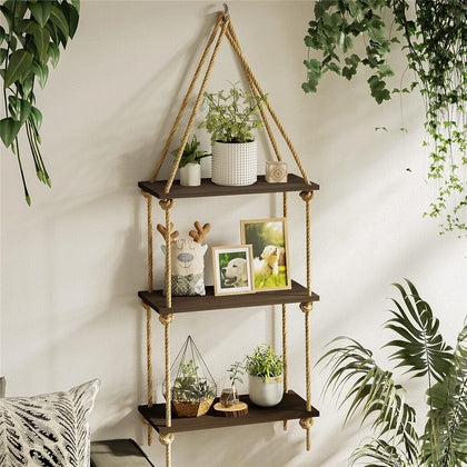 3 Tier Rope Hanging Floating Shelves Wood Wall Swing Shelf Home Storage