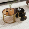 Round Glass Nesting Coffee Tables Set Black Side Tables with Storage 2 Drawers