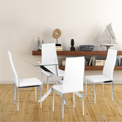 120cm Glass Dining Table and 4 Padded White Chairs Set Home Kitchen Furniture