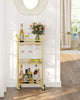 3-Tier Drinks Trolley, Gold Bar Cart on Wheels, with Handles, Mirrored Glass
