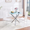 4pcs White Faux Leather Dining Chairs & Round Glass Dining Table Silver Legs Set