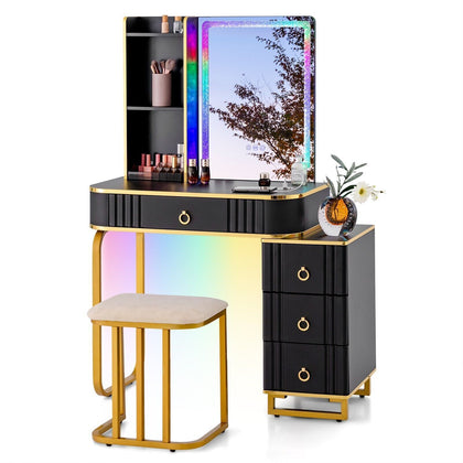 Modern Dressing Table & Stool Set w/Mirror RGB Lights 7 Modes & Charging Station