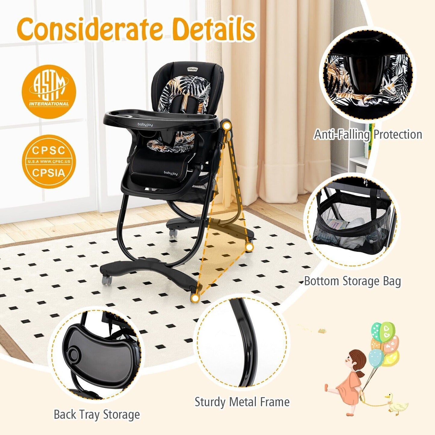 Folding Baby High Chair Adjustable Convertible High Chair W/ Removable Meal Tray