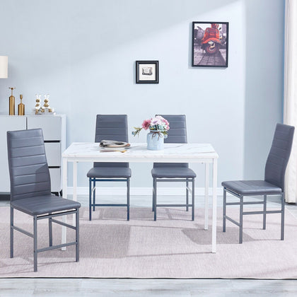 4x Grey Faux Leather Dining Chairs&White Marble MDF Top Dining Table Diningroom
