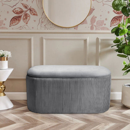 78cm Grey Storage Stool Footstool Chair Seat Oval Ottoman Pouffe Lidded Box Deco