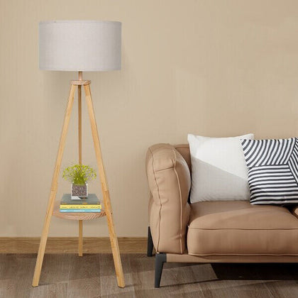 Modern Floor Lamp Tripod Freestanding Wooden Light w/Storage Shelf Reading Light