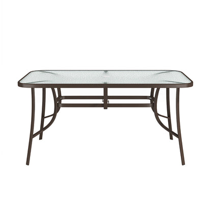 1.5m Brown Garden Table Rectangle Tempered Glass Yard Dining Table Umbrella Hole