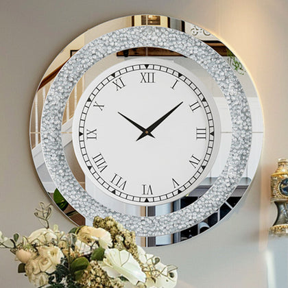 60cm Bling Silver Round Wall Clock Sparkle Twinkle Shining Mirrored Wall Clock