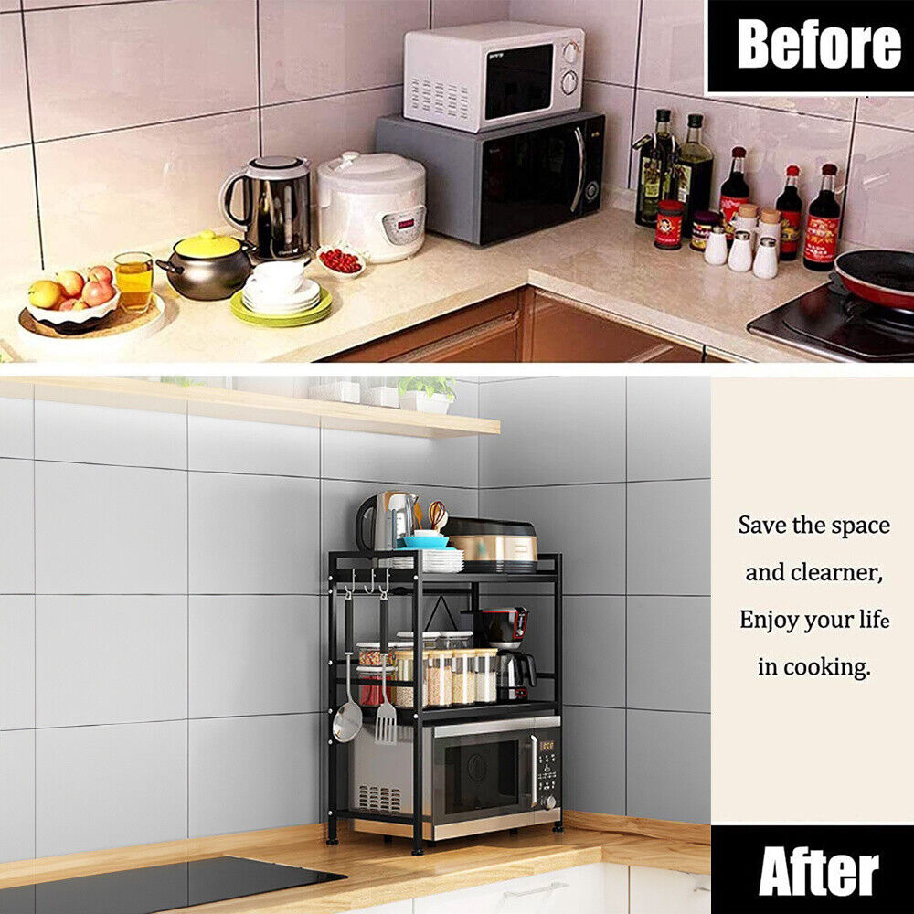 2/3Tier Extendable Microwave Oven Rack Stand Storage Holder Kitchen Corner Shelf