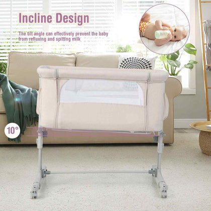 3-in-1 Baby Bedside Bassinet w/Safety Strap & Storage Bag-Beige
