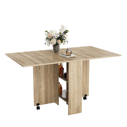 Mobile Wood Folding Dining Table Drop Leaf Rolling Desk with 2 Storage Shelves