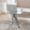Sofa Side Table With Clear Glass Top Coffee End Table Cross Legs for Living Room