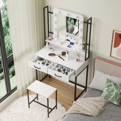 Modern Dressing Table Set 2 Drawer LED Lighted Mirror Makeup Vanity Desk 80x40