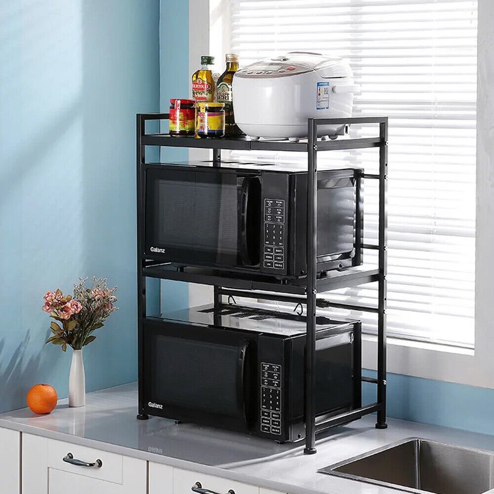 2/3Tier Extendable Microwave Oven Rack Stand Storage Holder Kitchen Corner Shelf