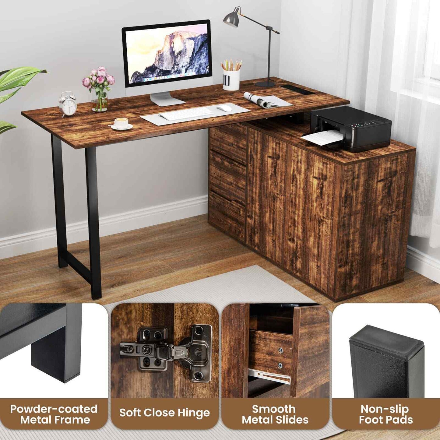 138 cm Reversible Corner Computer Desk L-Shaped Desk with 3 Drawers