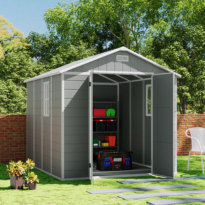 Large Plastic Shed 8x8FT Outdoor Garden Tools Storage House with 2 Doors & Base