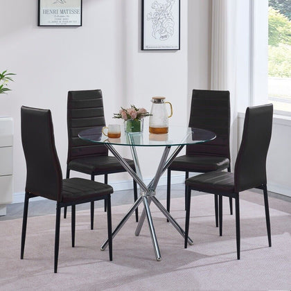 4pcs Black PU Leather Dining Chairs & Round Clear Glass Dining Table Dining Set
