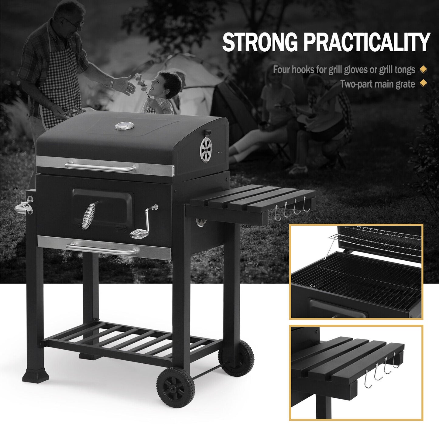 Garden Barbecue Grill Portable BBQ Trolley Grill with Thermometer Folding Shelf