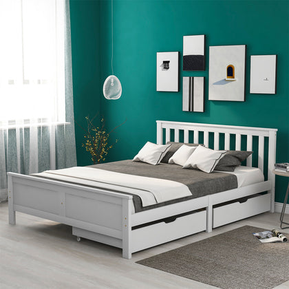 4ft6 Double Size Wooden Solid Pine White Bed Frame Storage Bed With 2 Drawers