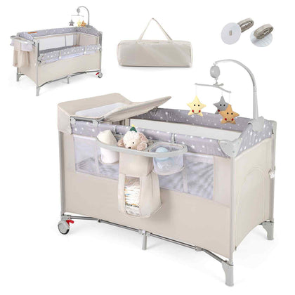 5 in 1 Travel Cot Folding Baby Playard with Storage Rack and Carry Bag Beige