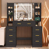Black Dressing Table Drawers Mirror Stool Set Makeup Desk Vanity Table Bedroom