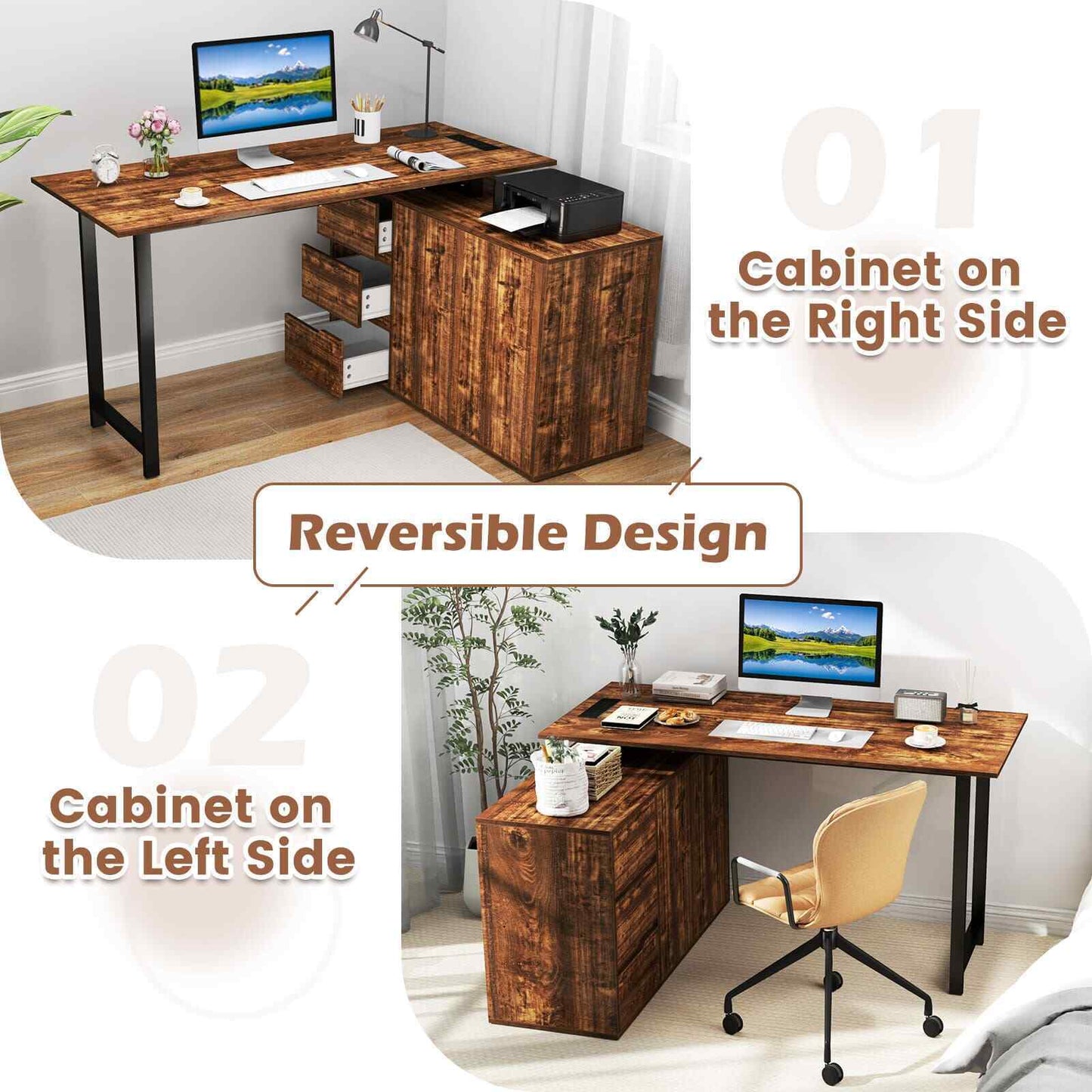 138 cm Reversible Corner Computer Desk L-Shaped Desk with 3 Drawers
