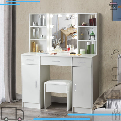 Makeup Dressing Table Set 10 LED Lighted Mirror Vanity Desk w/ Stool 3 Drawers