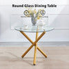 Round Clear Glass Dining Table Golden Legs & 4x Grey Faux Leather Dining Chairs
