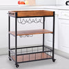 3 Tier Rolling Kitchen Trolley With Wine Rack Industrial Wood Metal Serving Cart