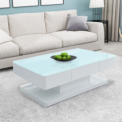 2 Drawers Coffee Table Aqua Top Tempered Glass High Gloss White Base End Table