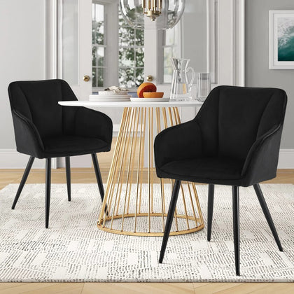2Pcs Velvet Dining Chairs Black Cushion Padded Seat Metal Legs Armchair