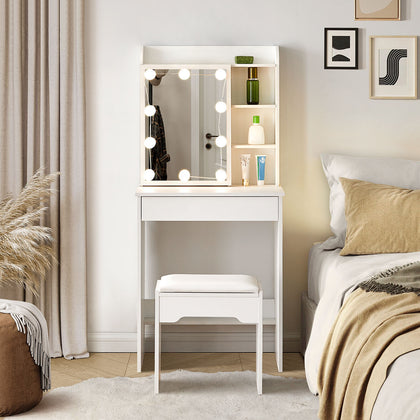 Modern Dressing Table Makeup Vanity White with Mirror LED Lights Drawers & Stool