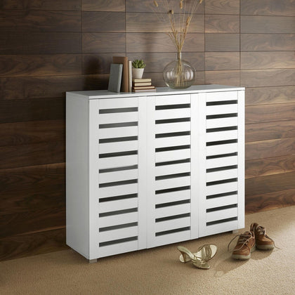 3 Door Shoe Storage Cabinet White Wooden Rack Stand Cupboard Slatted Doors Oslo