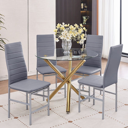 4x Grey Faux Leather Dining Chairs & Round Clear Glass Dining Table Golden Legs