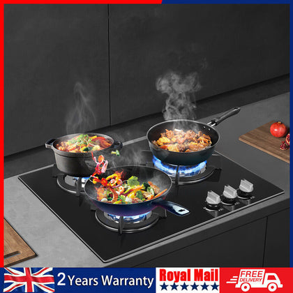 58cm Black 3 Burner Gas On Glass Hob With Cast Iron Pan Stands UK