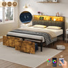 Double Metal Bed Frame with Drawers Storage Upholstered Headboard with LED & USB