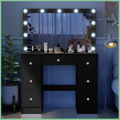 7 Drawers Dressing Desk with 11 LED Lighted Mirror and 3 Light Colors Blabk