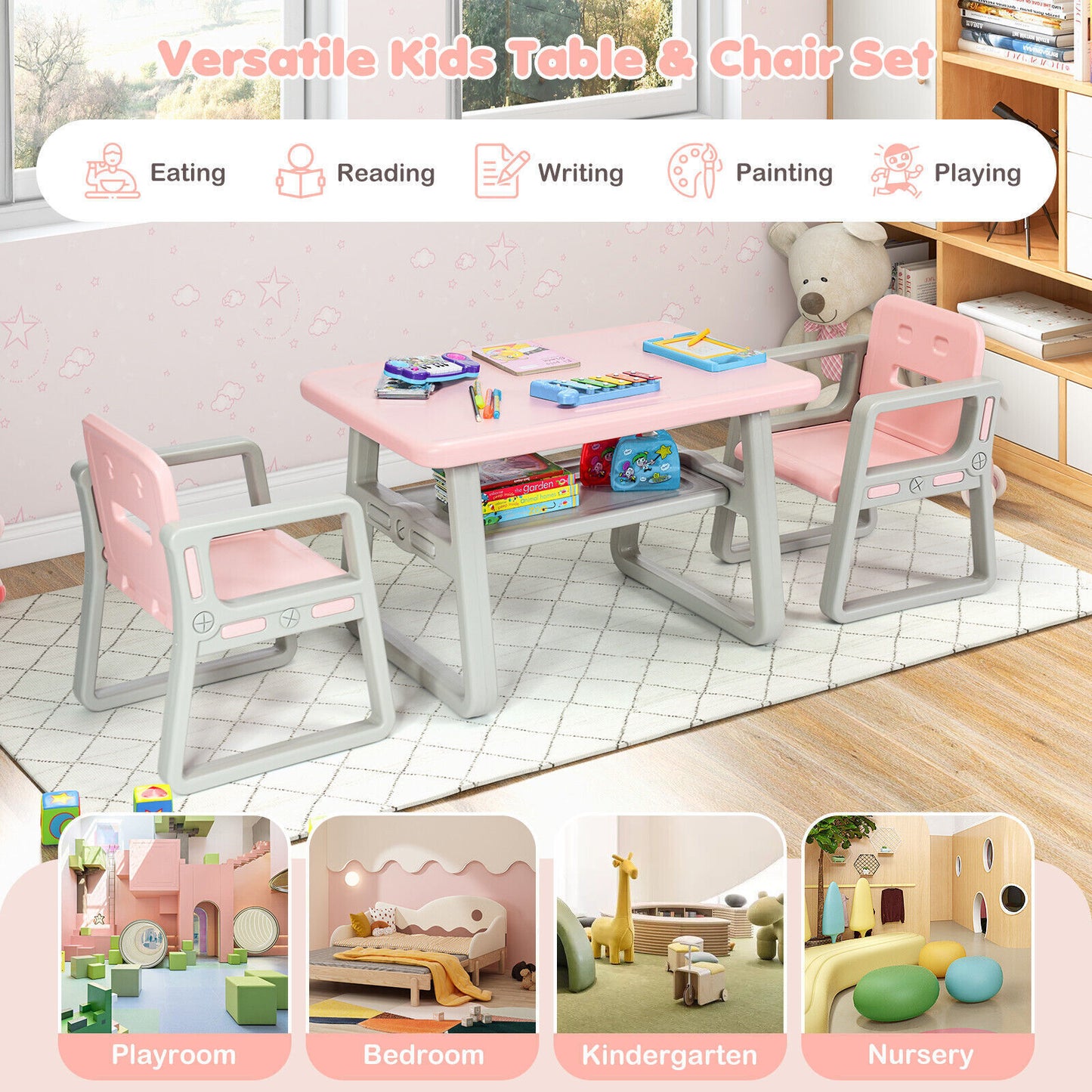 Children Table and 2 Chairs Set Toddlers Learning Activity Play Desk w/Storage