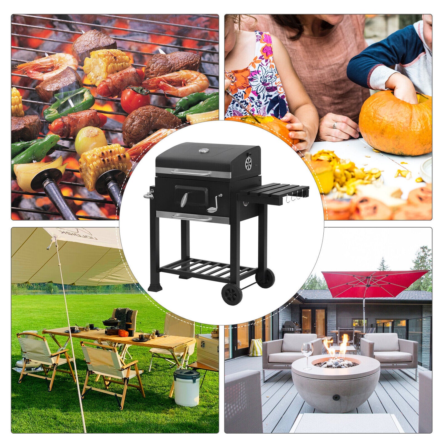 Garden Barbecue Grill Portable BBQ Trolley Grill with Thermometer Folding Shelf