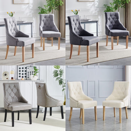 2x Fabric PU Leather Dining Chairs Button-Tufted Upholstered Wood Legs Armchairs