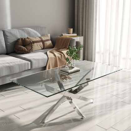 Modern Coffee Table Clear Tempered Glass Living Room Sofa Side End Table X Shape