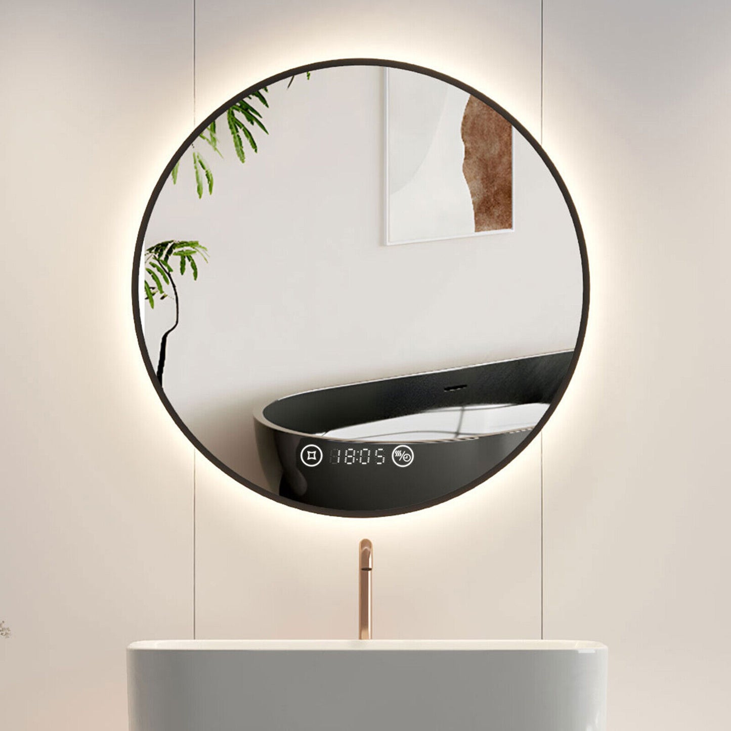 Round LED Mirror Bathroom Black Gold Frame With/no Clock Demister Illuminated